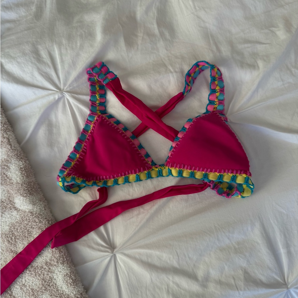 Vibrant Pink Bikini Top with Multicolor Trim